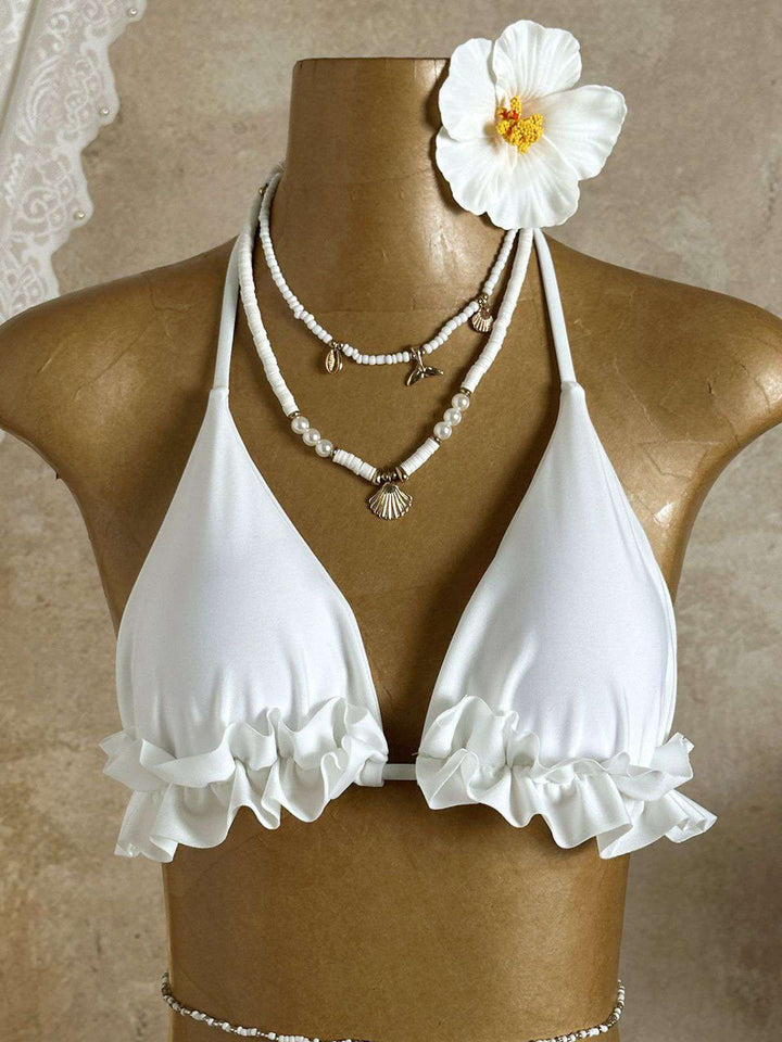1960s Ruffled Halter Bikini Set &amp; Floral Lace Cover-Up - vintage swimwear, retro swimsuit, pin-up style for vintage lovers