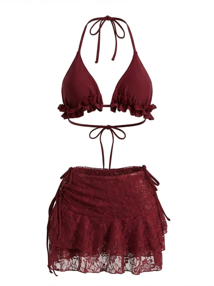 1960s Ruffled Halter Bikini Set &amp; Floral Lace Cover-Up: beautiful vintage swimwear, retro swimsuit, pin-up style with timeless appeal