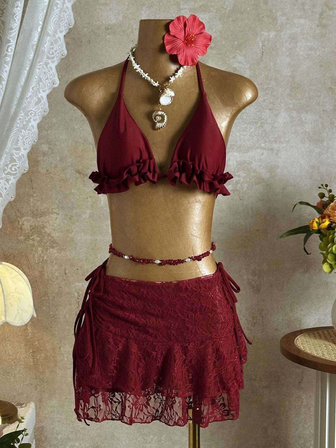 1960s Ruffled Halter Bikini Set &amp; Floral Lace Cover-Up | vintage swimwear, retro swimsuit, pin-up style - perfect for retro fashion enthusiasts