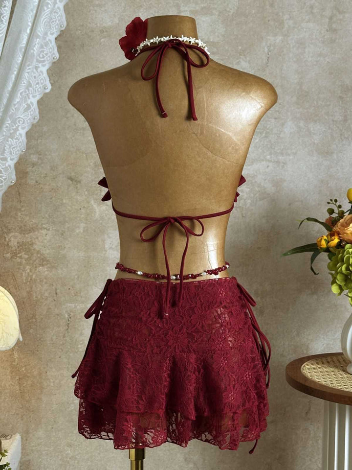 1960s Ruffled Halter Bikini Set &amp; Floral Lace Cover-Up - vintage swimwear, retro swimsuit, pin-up style for vintage lovers
