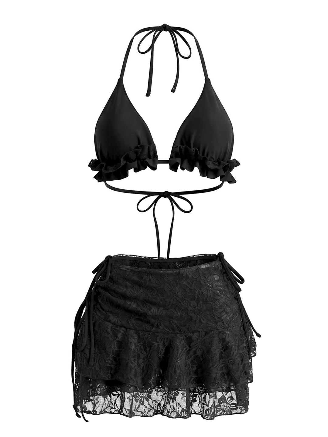 1960s Ruffled Halter Bikini Set &amp; Floral Lace Cover-Up | vintage swimwear, retro swimsuit, pin-up style - perfect for retro fashion enthusiasts