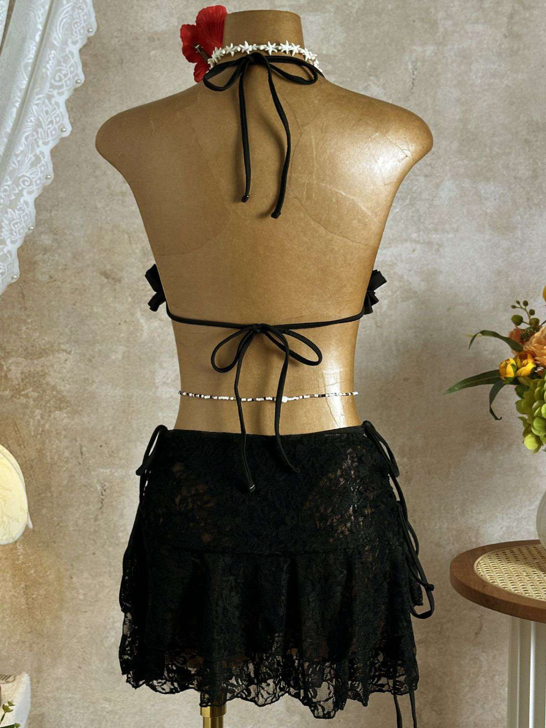 1960s Ruffled Halter Bikini Set &amp; Floral Lace Cover-Up - vintage swimwear, retro swimsuit, pin-up style for vintage lovers