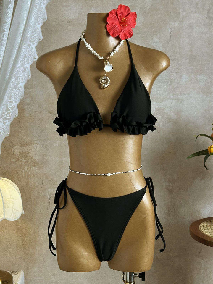 1960s Ruffled Halter Bikini Set &amp; Floral Lace Cover-Up: beautiful vintage swimwear, retro swimsuit, pin-up style with timeless appeal