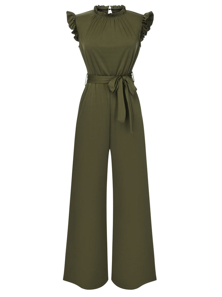 1960s Ruffles Sleeve High Waist Wide-Leg Belted Jumpsuit, vintage romper, retro jumpsuit - perfect for women who love vintage and retro fashion