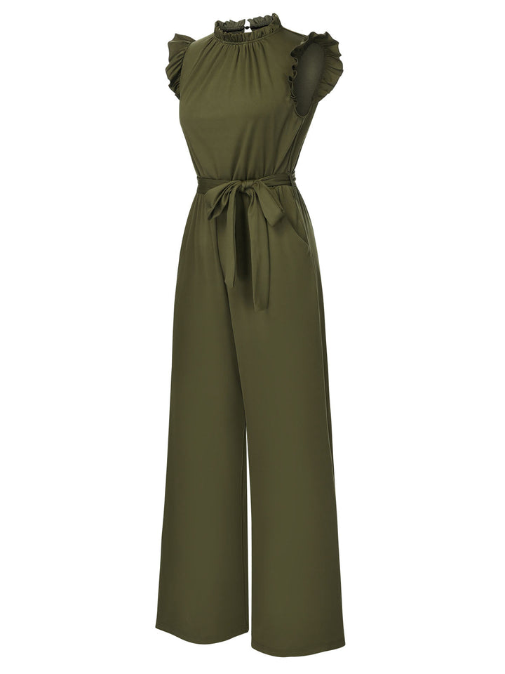 1960s Ruffles Sleeve High Waist Wide-Leg Belted Jumpsuit, vintage romper, retro jumpsuit - perfect for women who love vintage and retro fashion