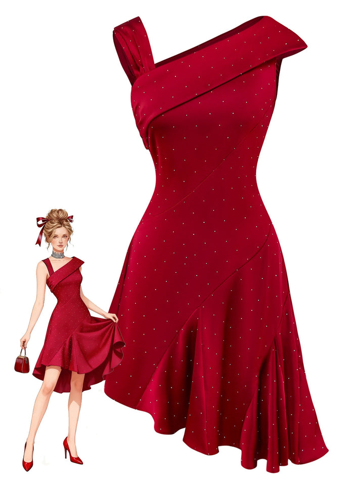 Wine Red 1960s Satin Rhinestone Off-Shoulder Dress - vintage dress, retro fashion, elegant red