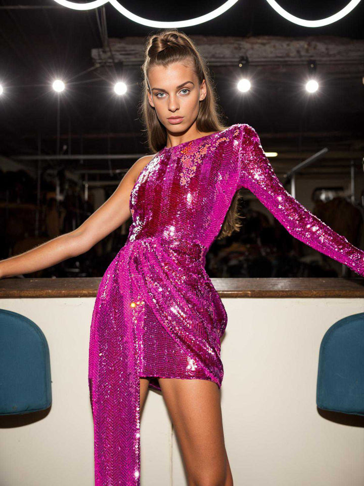 She slips into this 1960s Sequined One-Shoulder Pleated Dress and suddenly it&
