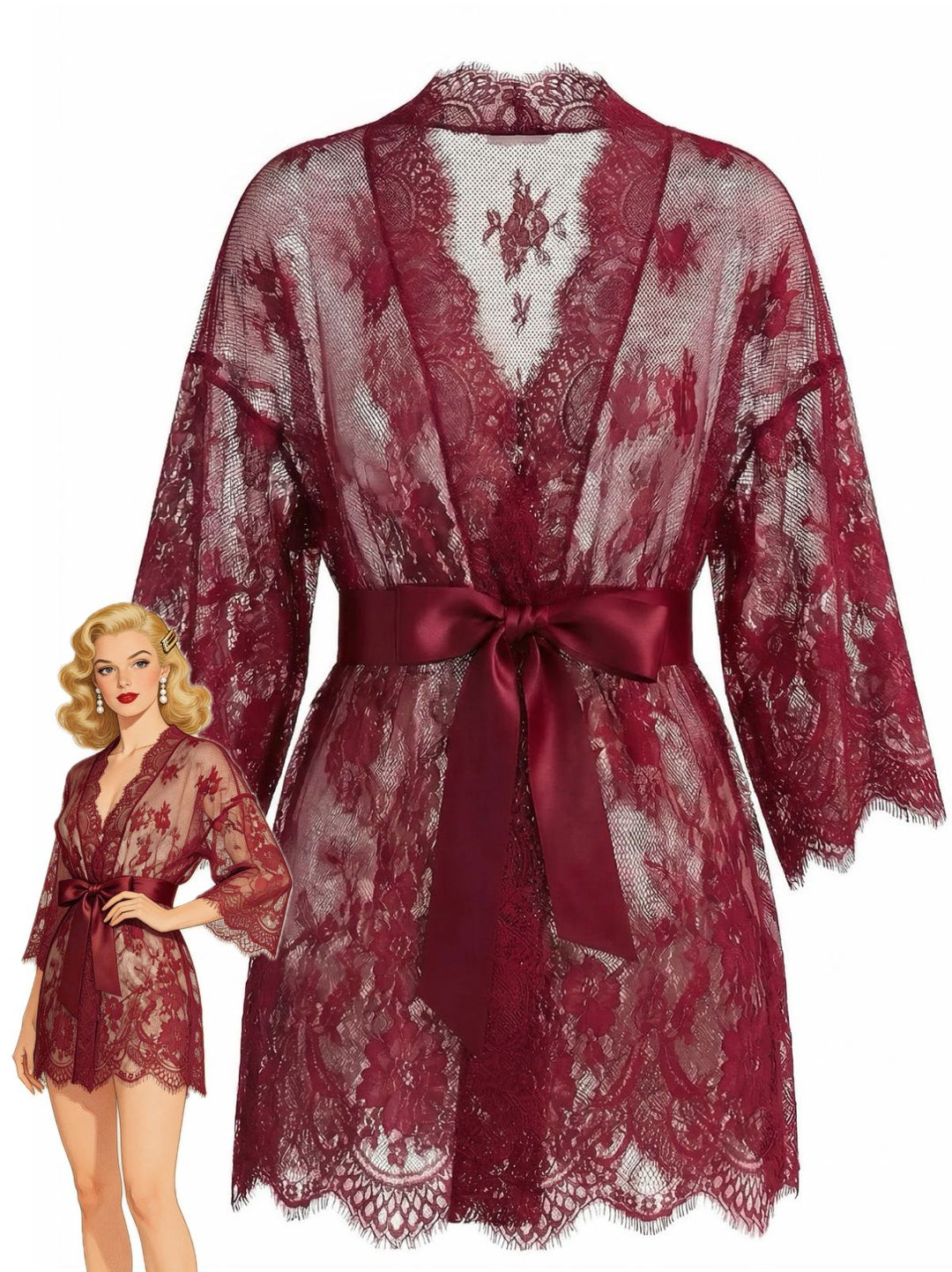 Sexy Solid Lace Sheer Tie Loungewear - vintage fashion, retro style