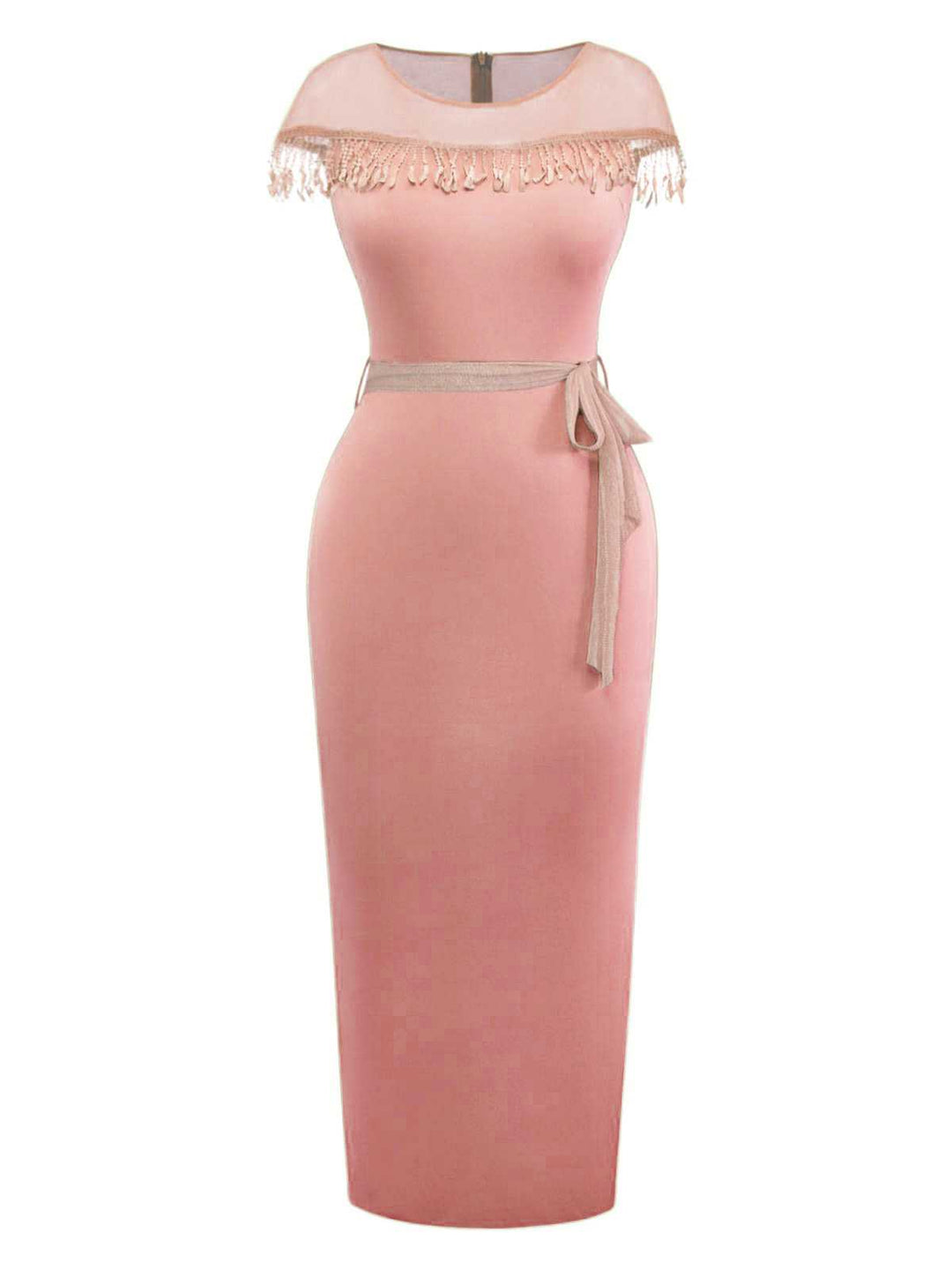 1960s Sheer Fringe Belted Bodycon Dress - vintage dress, retro fashion