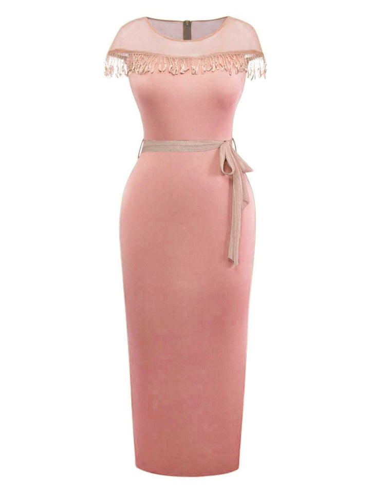 1960s Sheer Fringe Belted Bodycon Dress - vintage dress, retro fashion