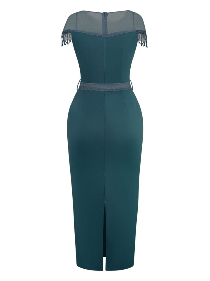 1960s Sheer Fringe Belted Bodycon Dress - vintage dress, retro fashion