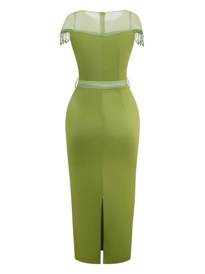 1960s Sheer Fringe Belted Bodycon Dress - vintage dress, retro fashion