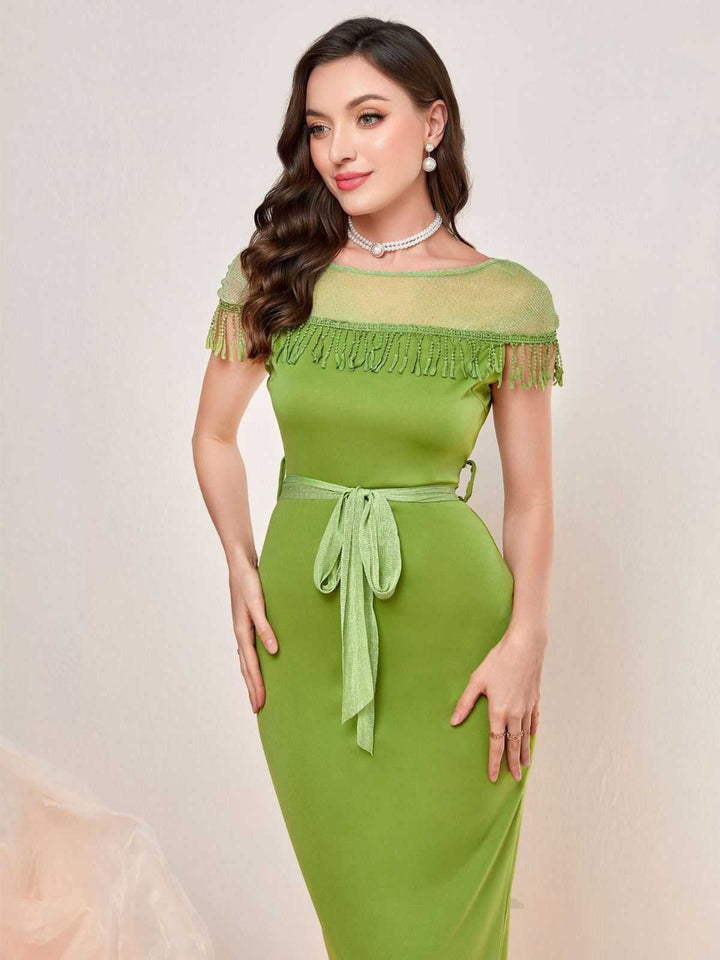1960s Sheer Fringe Belted Bodycon Dress - vintage dress, retro fashion