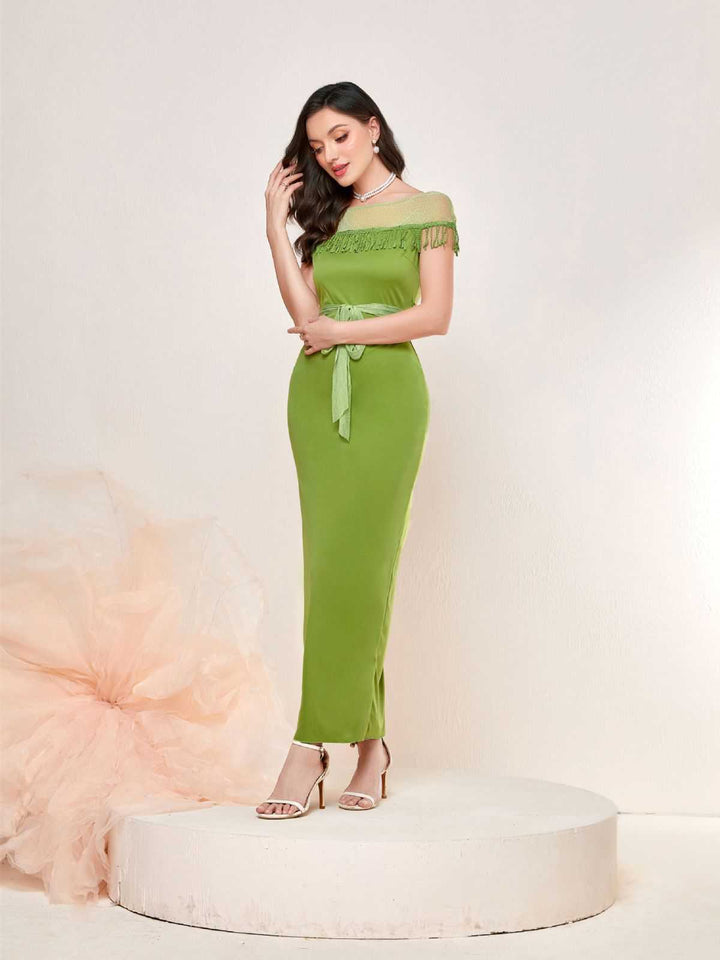 1960s Sheer Fringe Belted Bodycon Dress - vintage dress, retro fashion