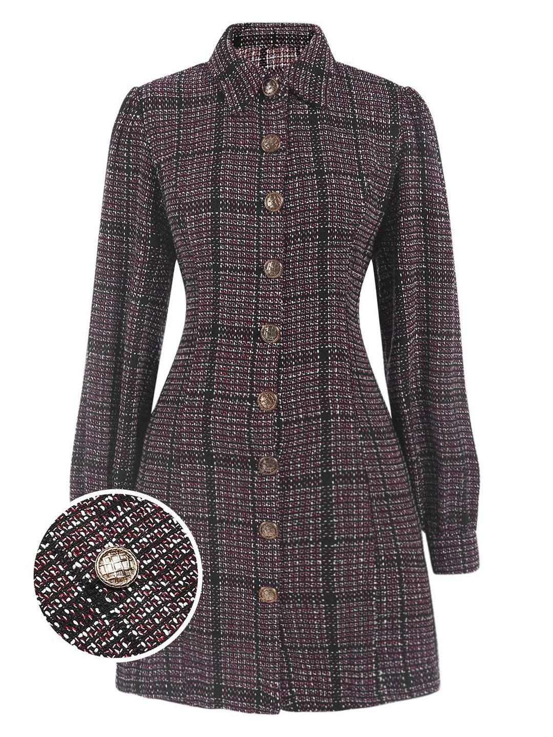 She slips into this 1960s Shirt Collar Lantern Sleeve Plaids Dress and suddenly it&