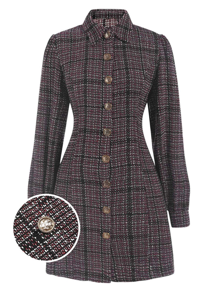 She slips into this 1960s Shirt Collar Lantern Sleeve Plaids Dress and suddenly it&