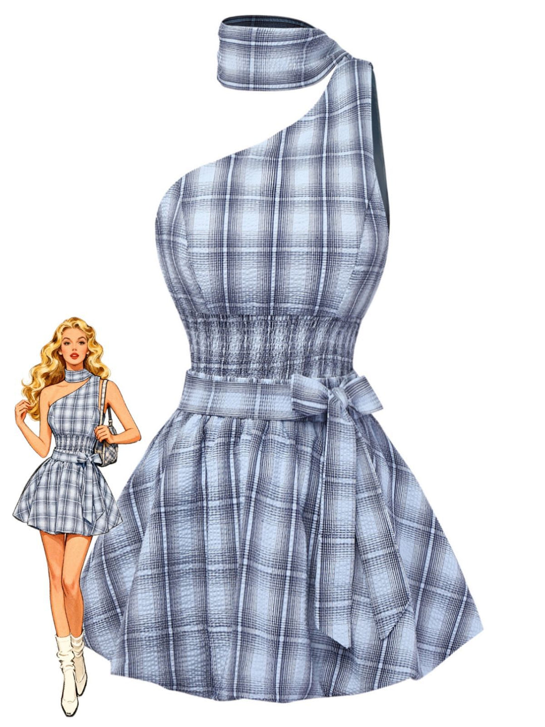 2pcs Blue 1960s One-Shoulder Plaid Top &amp; Ruched Waist Skirt - vintage skirt, retro style