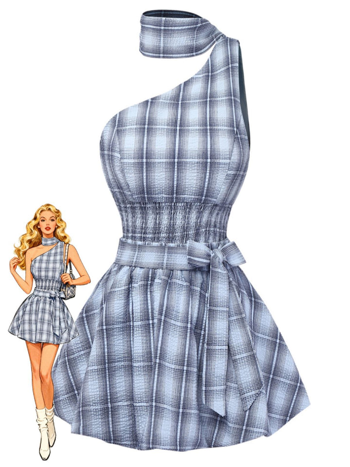 2pcs Blue 1960s One-Shoulder Plaid Top &amp; Ruched Waist Skirt - vintage skirt, retro style
