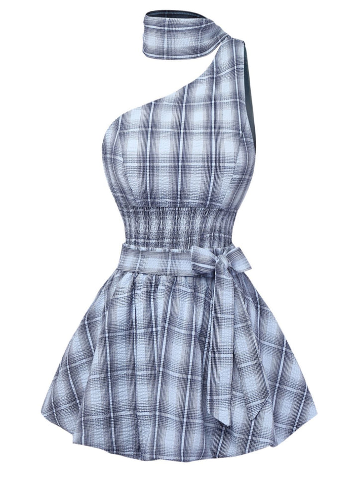 2pcs Blue 1960s One-Shoulder Plaid Top &amp; Ruched Waist Skirt - vintage skirt, retro style