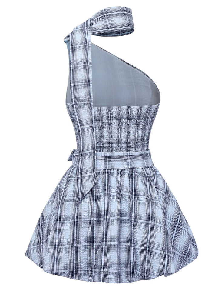 2pcs Blue 1960s One-Shoulder Plaid Top &amp; Ruched Waist Skirt - vintage skirt, retro style
