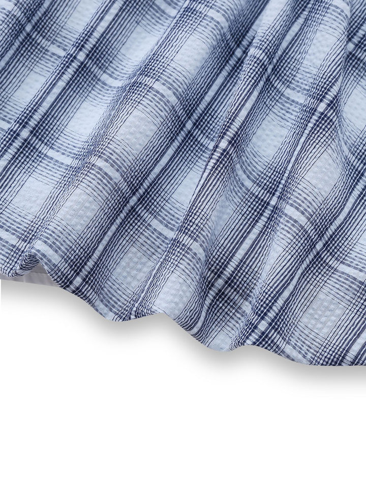 2pcs Blue 1960s One-Shoulder Plaid Top &amp; Ruched Waist Skirt - vintage skirt, retro style