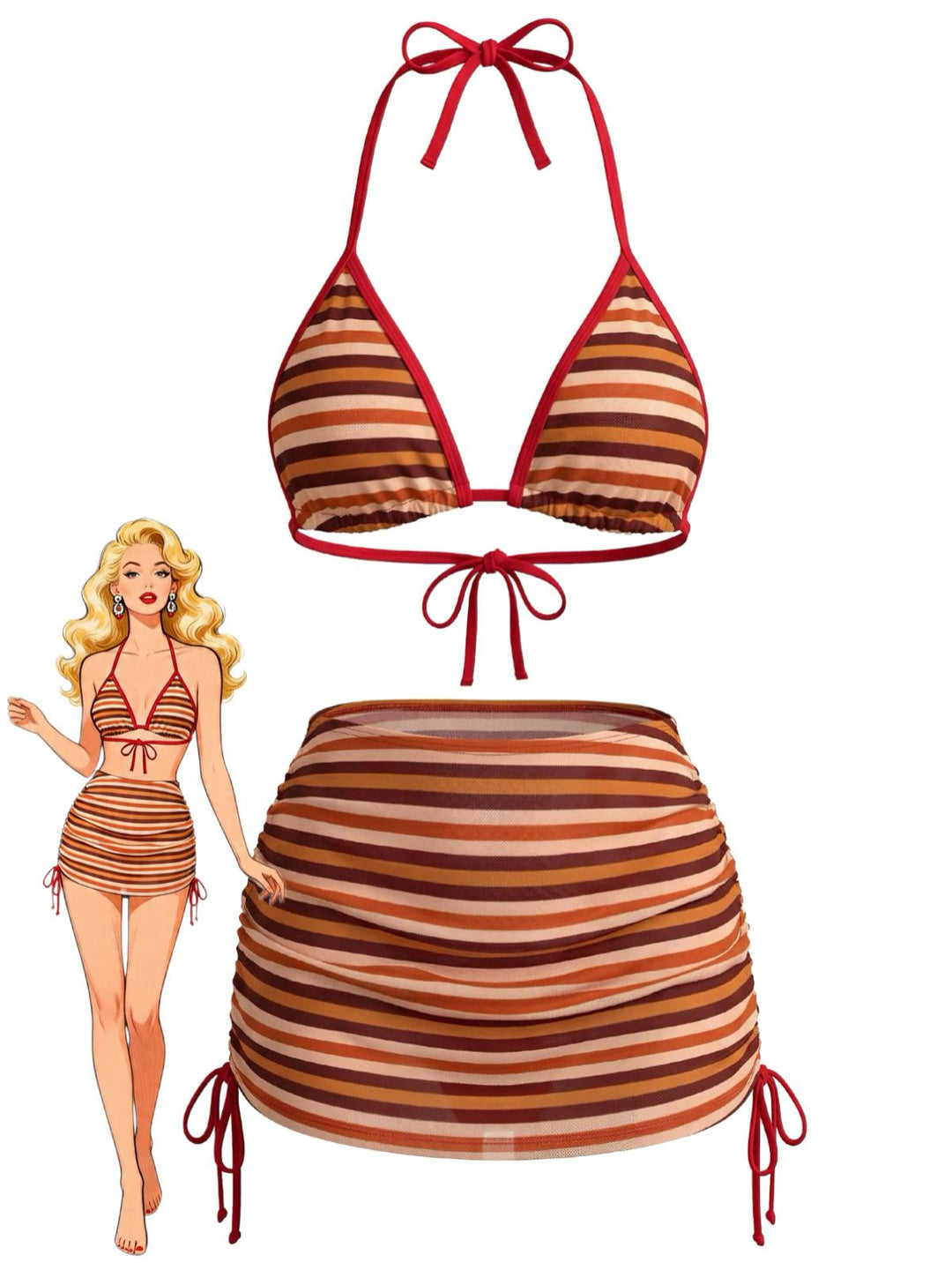 3PCS Brown 1960s Stripe Halter Bikini Set &amp; Ruched Skirt - vintage skirt, retro style