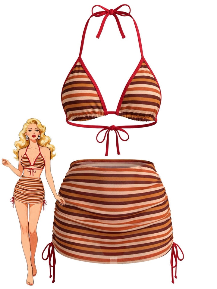 3PCS Brown 1960s Stripe Halter Bikini Set &amp; Ruched Skirt - vintage skirt, retro style