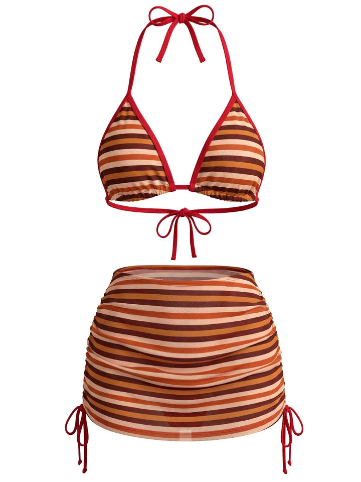 3PCS Brown 1960s Stripe Halter Bikini Set &amp; Ruched Skirt - vintage skirt, retro style