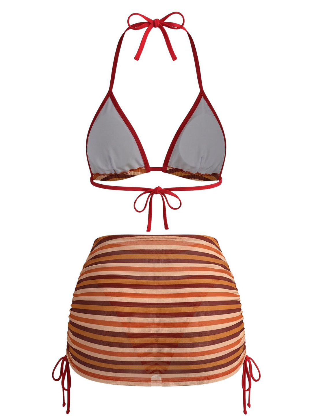 3PCS Brown 1960s Stripe Halter Bikini Set &amp; Ruched Skirt - vintage skirt, retro style