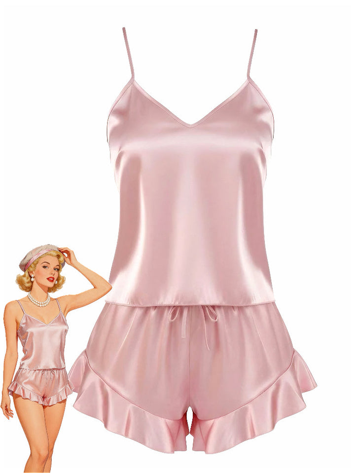 Slip Ruffle Satin Pajama Set - vintage fashion, retro style