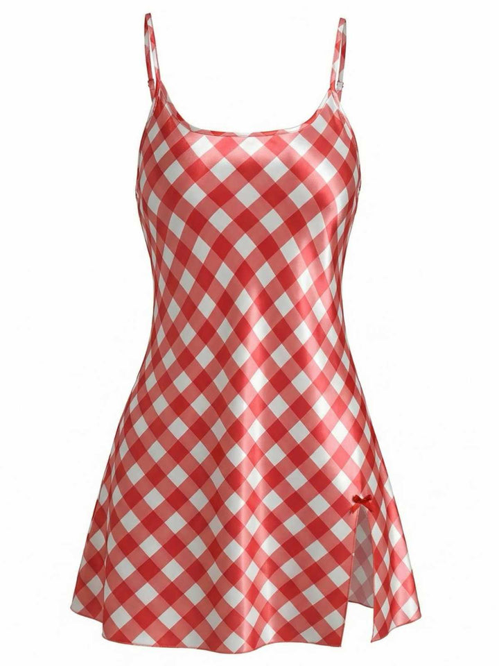 Slip Satin Gingham Side Slit Nightgown - vintage nightgown, retro sleepwear