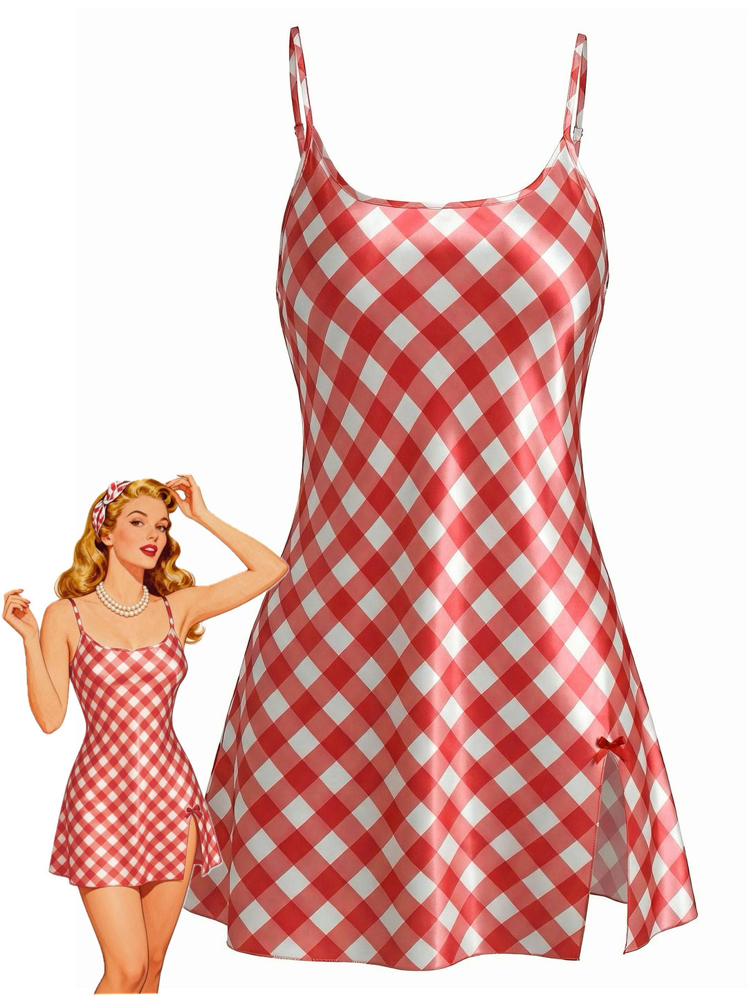 Slip Satin Gingham Side Slit Nightgown - vintage fashion, retro style for vintage lovers