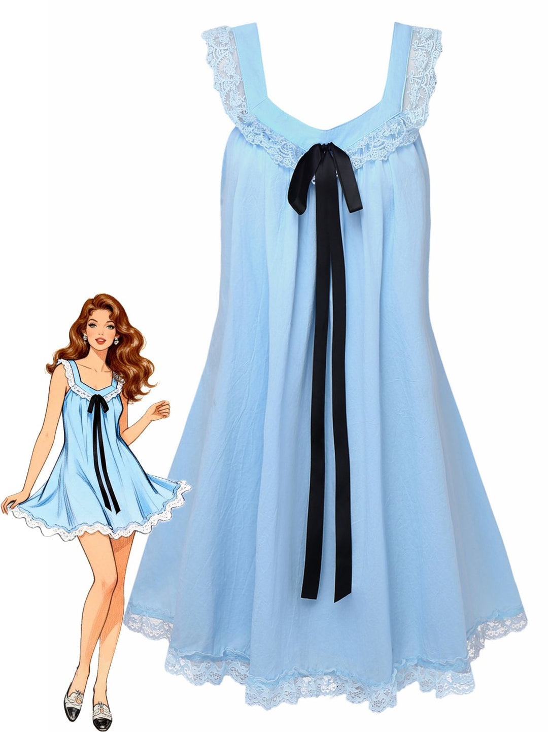 Solid Bow Backless Lace Babydoll Dress - vintage dress, retro fashion