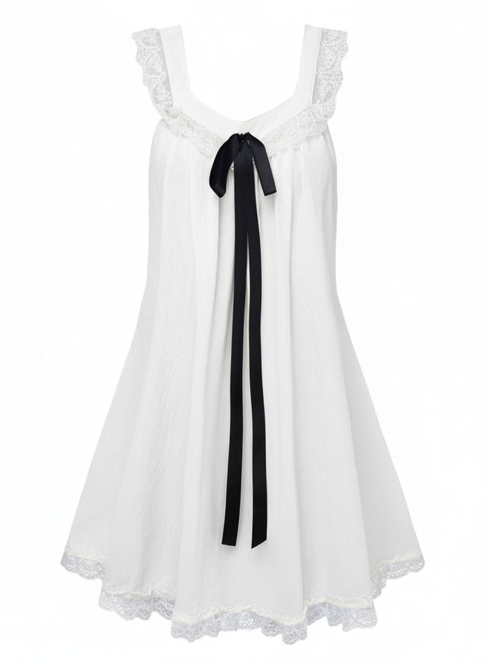 Solid Bow Backless Lace Babydoll Dress - vintage dress, retro fashion
