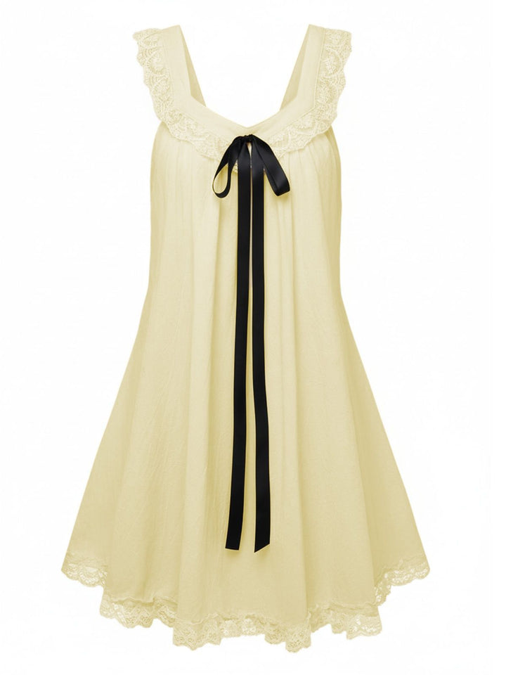 Solid Bow Backless Lace Babydoll Dress - vintage dress, retro fashion
