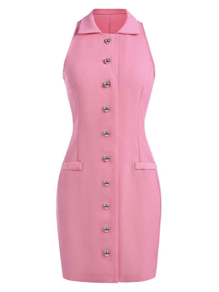 She slips into this 1960s Solid Button Pocket Lapel Pencil Dress and suddenly it&