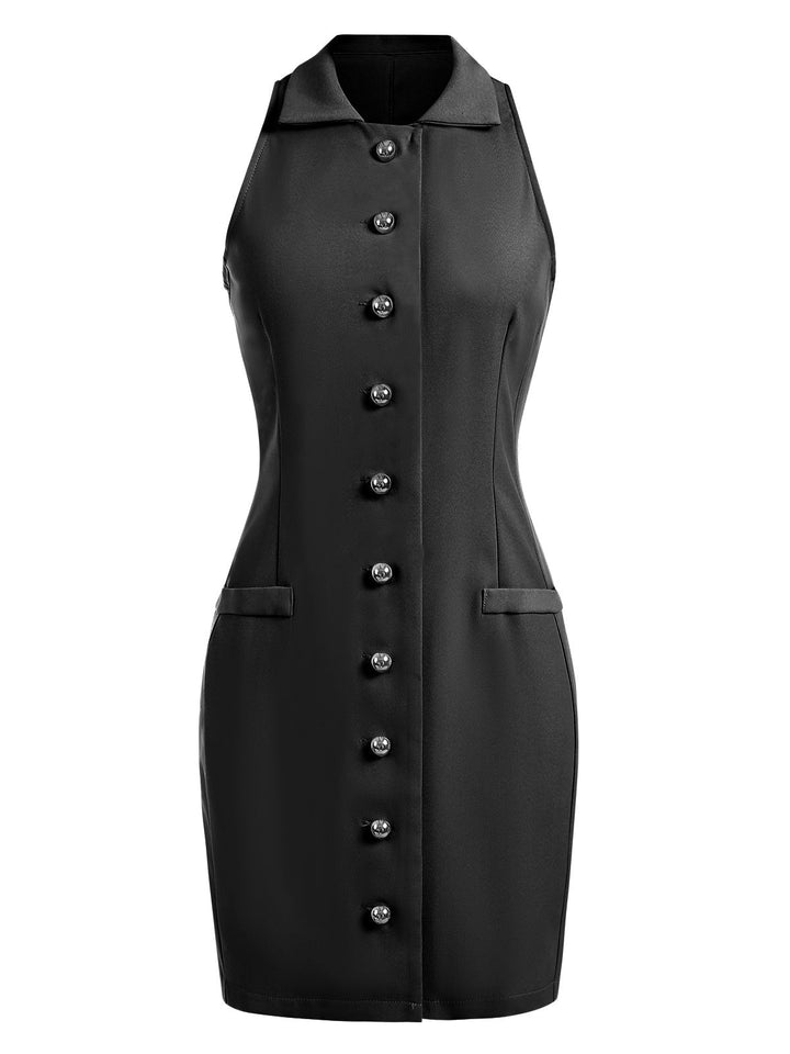 1960s Solid Button Pocket Lapel Pencil Dress: where 1960s romance meets her modern spirit