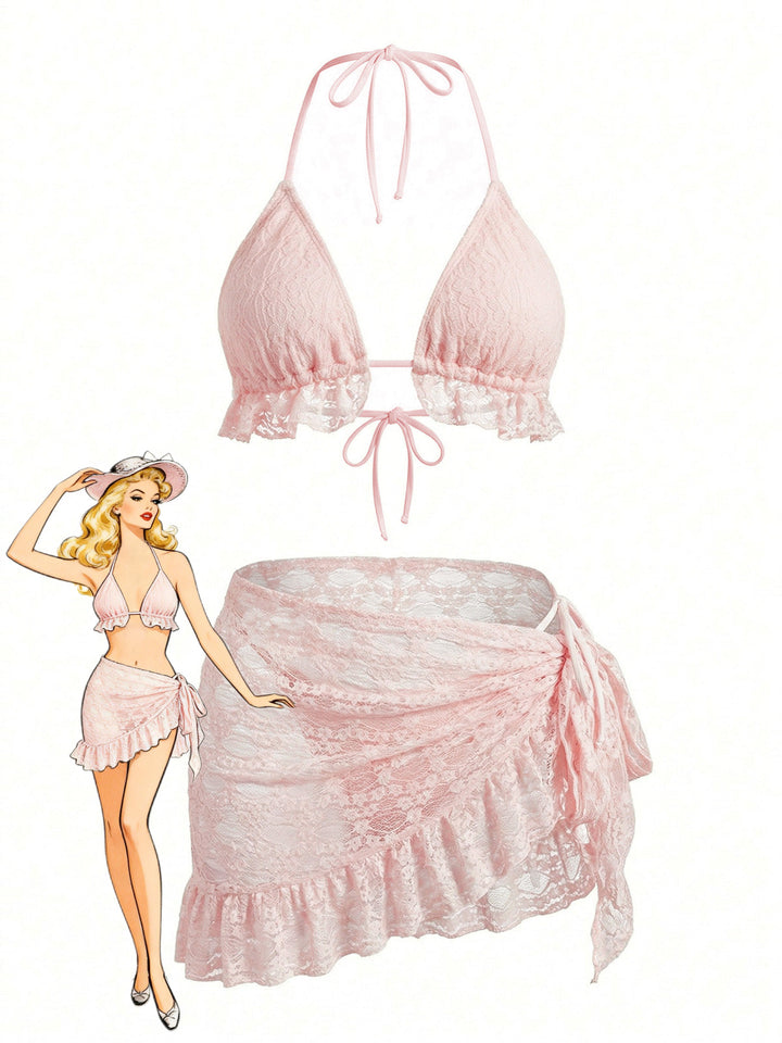 1960s Solid Halter Lace Bikini Set &amp; Ruffle Cover-Up - vintage fashion, retro style