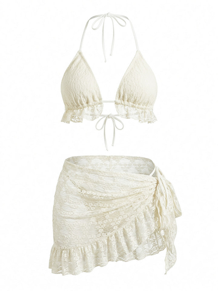 1960s Solid Halter Lace Bikini Set &amp; Ruffle Cover-Up - vintage fashion, retro style