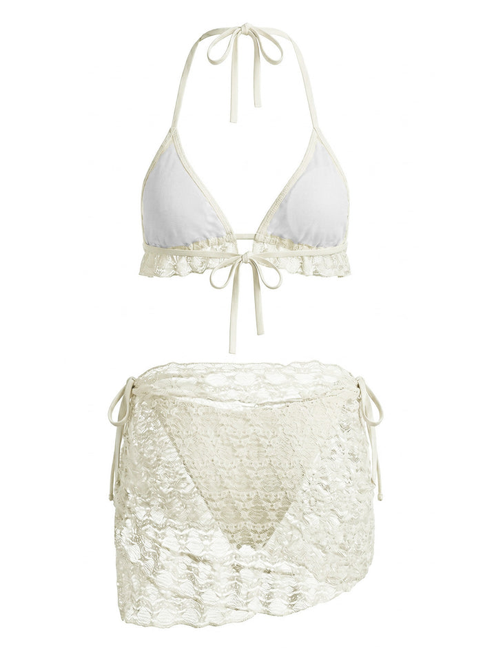 1960s Solid Halter Lace Bikini Set &amp; Ruffle Cover-Up - vintage fashion, retro style