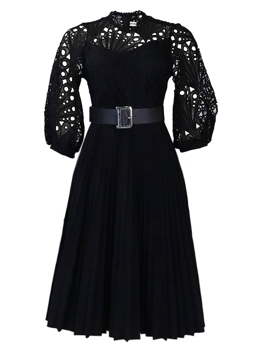 She slips into this 1960s Solid Lace Crochet Pleated Belted Dress and suddenly it&