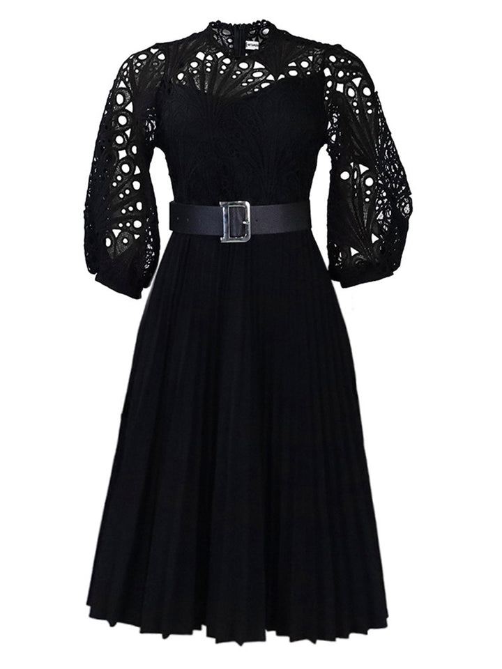 She slips into this 1960s Solid Lace Crochet Pleated Belted Dress and suddenly it&