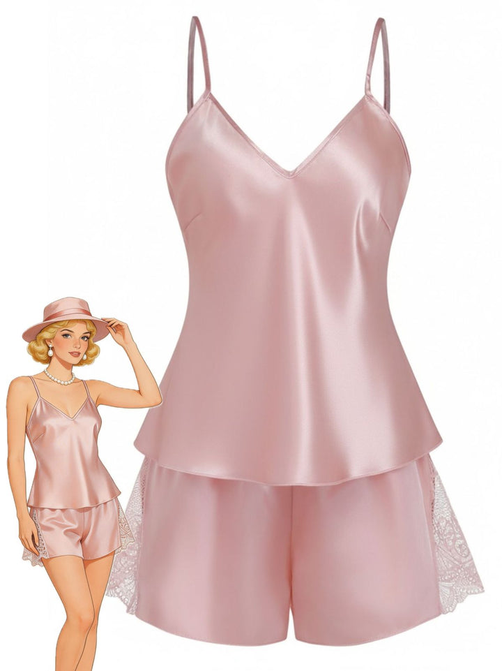 Solid Lace Trim Satin Cami Patchwork Pajama Set - vintage fashion, retro style