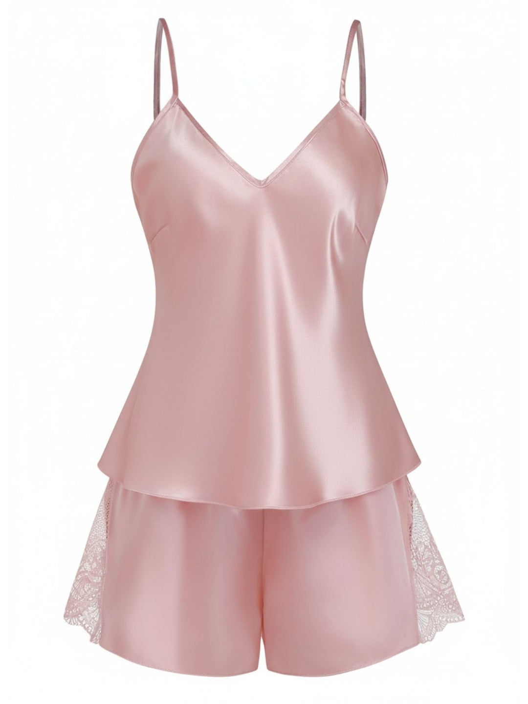 Solid Lace Trim Satin Cami Patchwork Pajama Set - vintage fashion, retro style
