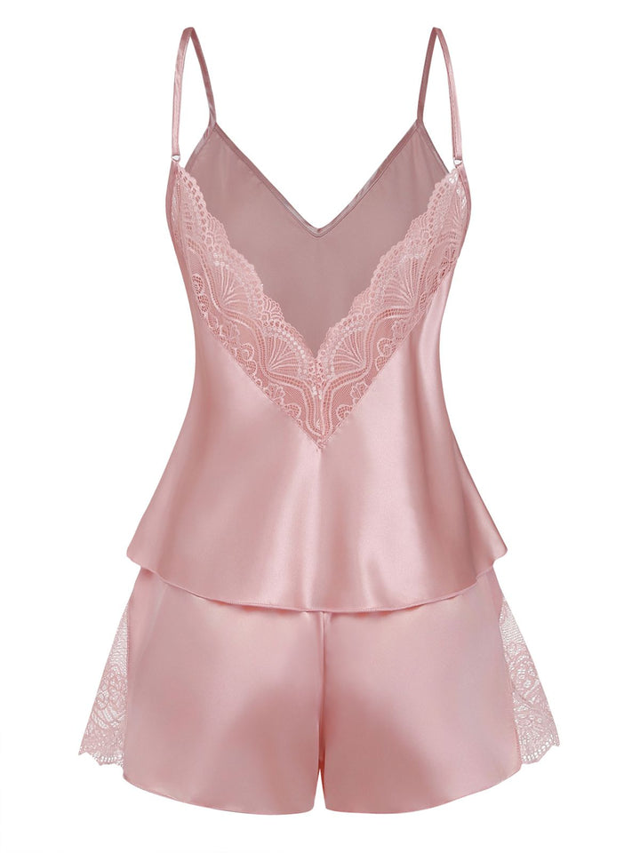 Solid Lace Trim Satin Cami Patchwork Pajama Set - vintage fashion, retro style