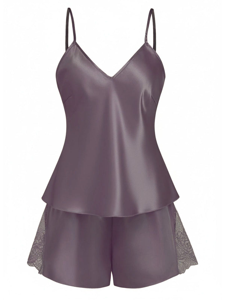Solid Lace Trim Satin Cami Patchwork Pajama Set - vintage fashion, retro style