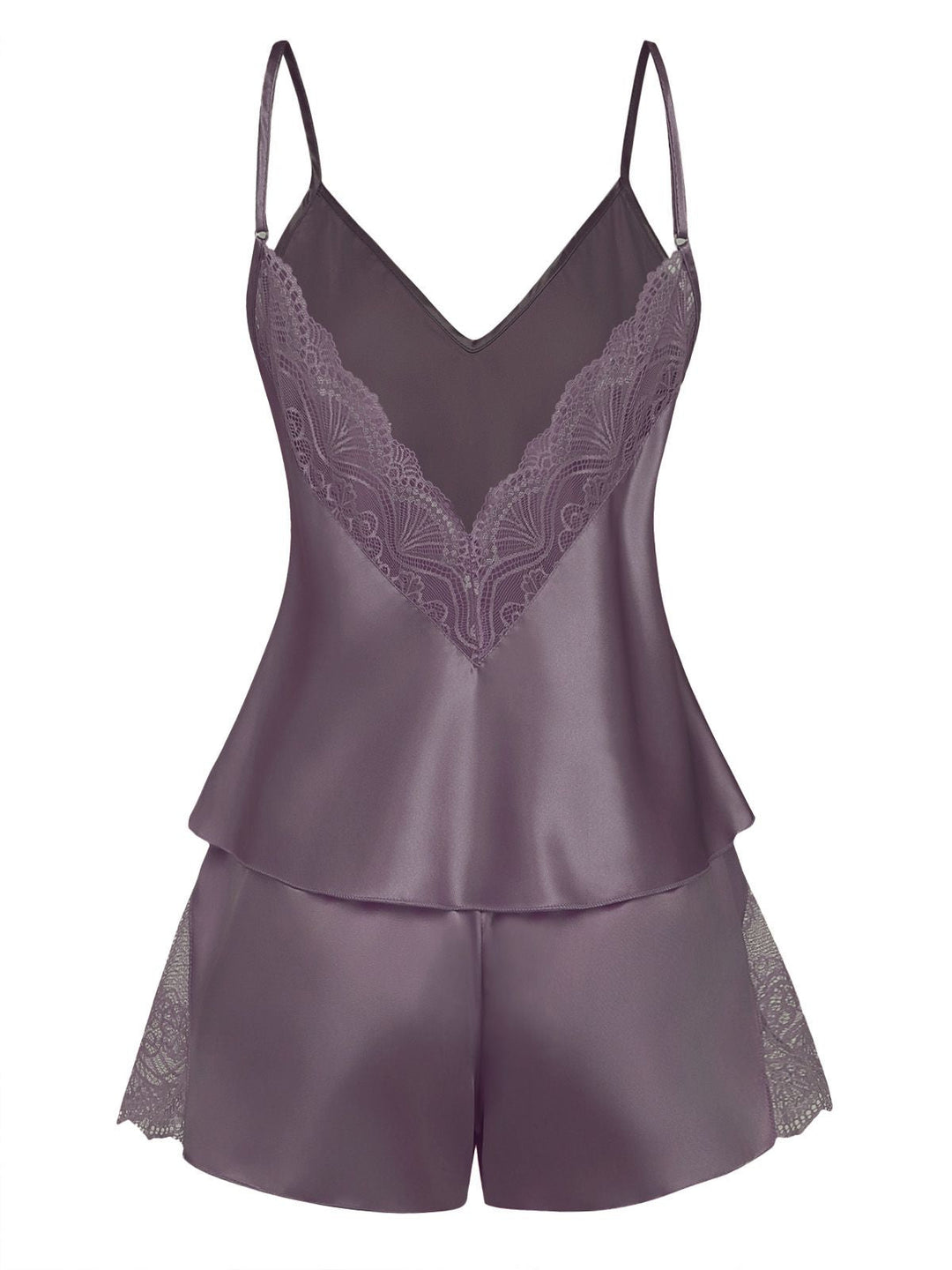 Solid Lace Trim Satin Cami Patchwork Pajama Set - vintage fashion, retro style