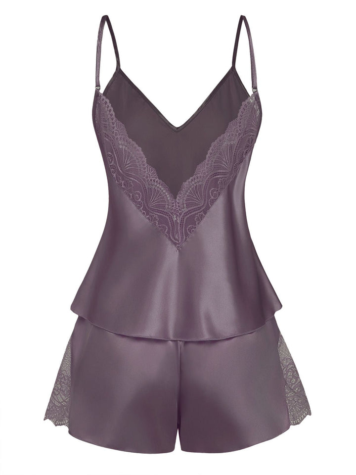 Solid Lace Trim Satin Cami Patchwork Pajama Set - vintage fashion, retro style