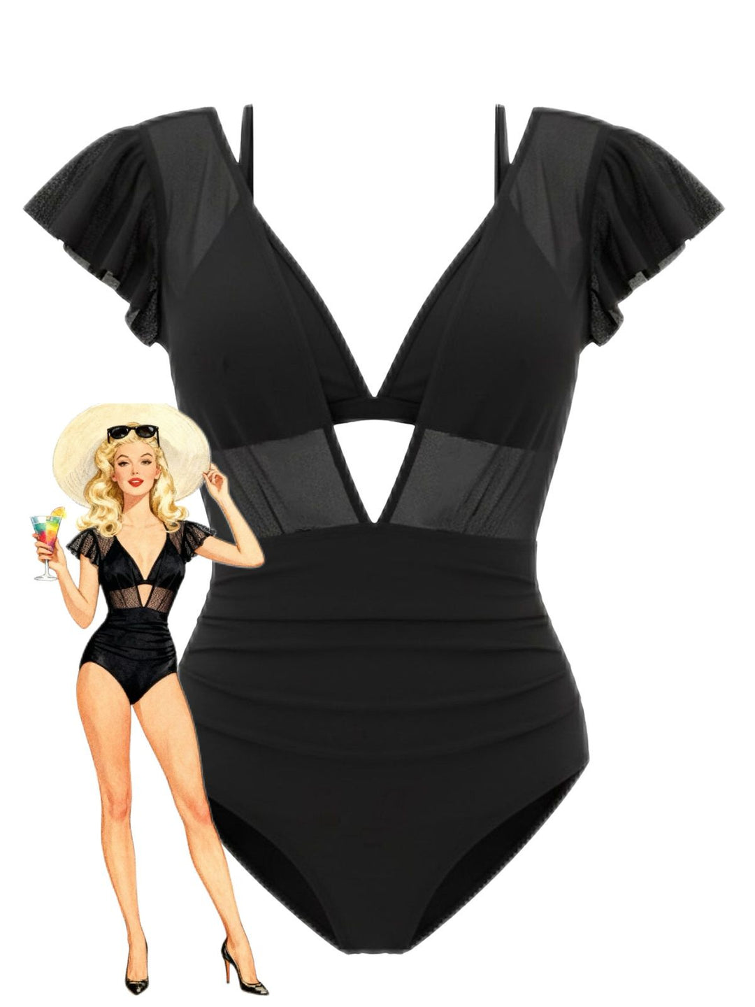 1960s Solid Mesh Plunge Bikini Set &amp; Cover-Up - vintage fashion, retro style