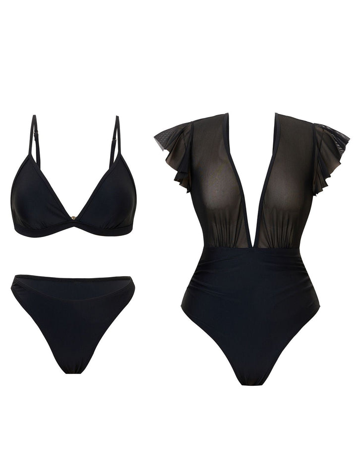 1960s Solid Mesh Plunge Bikini Set &amp; Cover-Up - vintage fashion, retro style